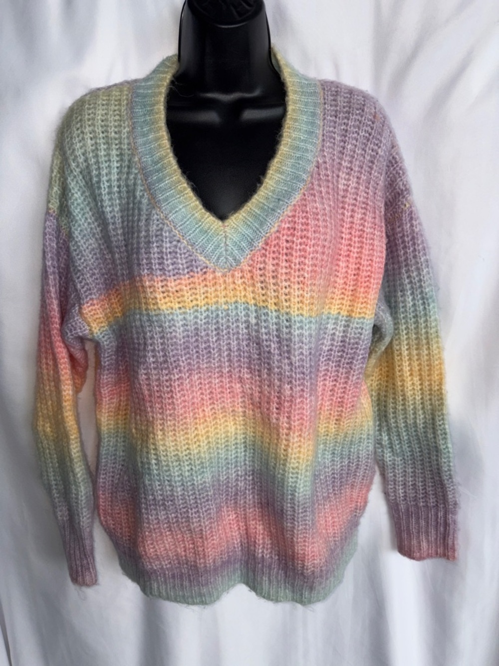PURPLE LAVA RAINBOW V-NECK SWEATER, oversized, sz S, fuzzy, cozy